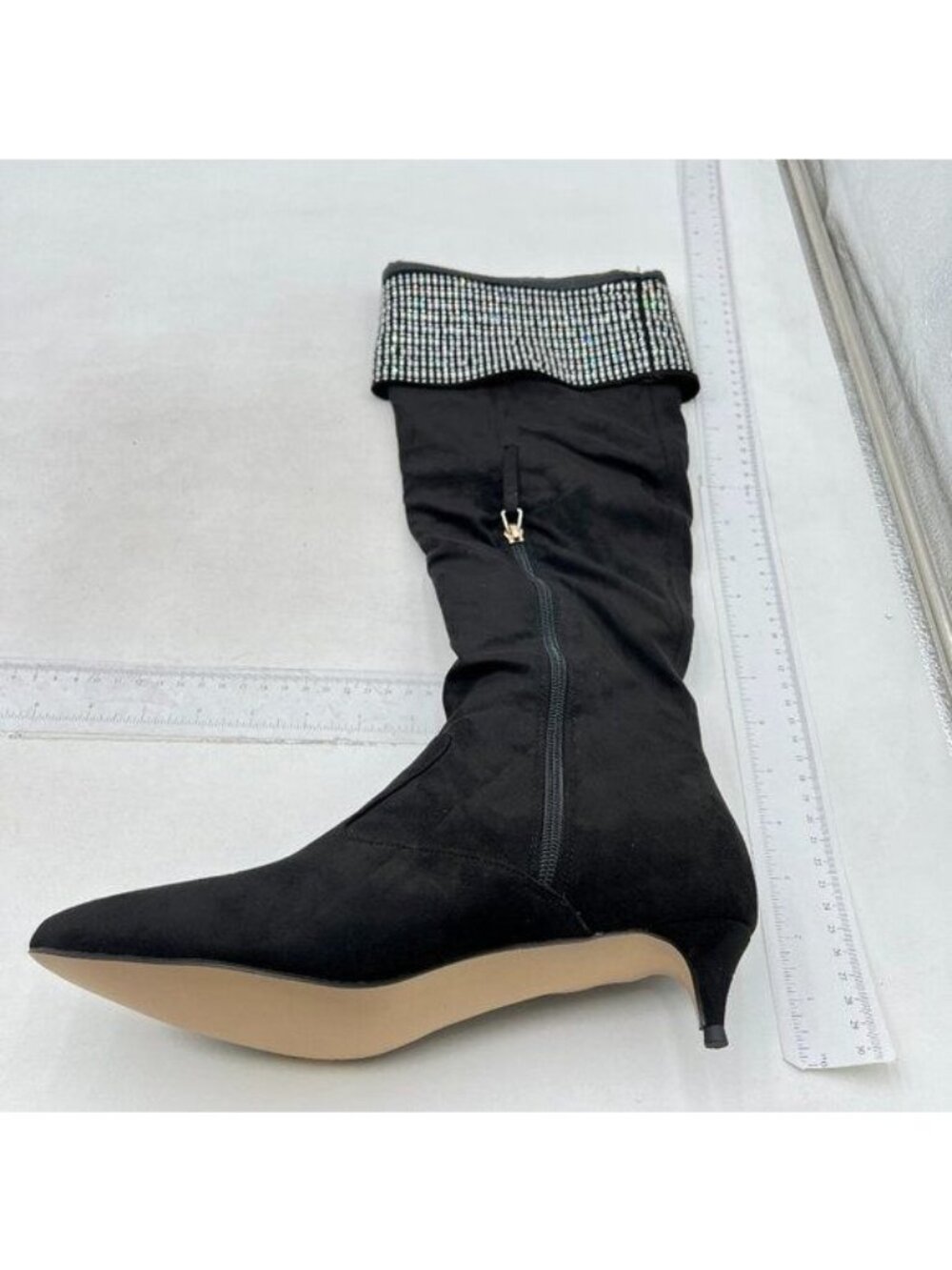 Black Rhinestone Pointed Toe Kitten Heels Over the Knee Boot with Zipper